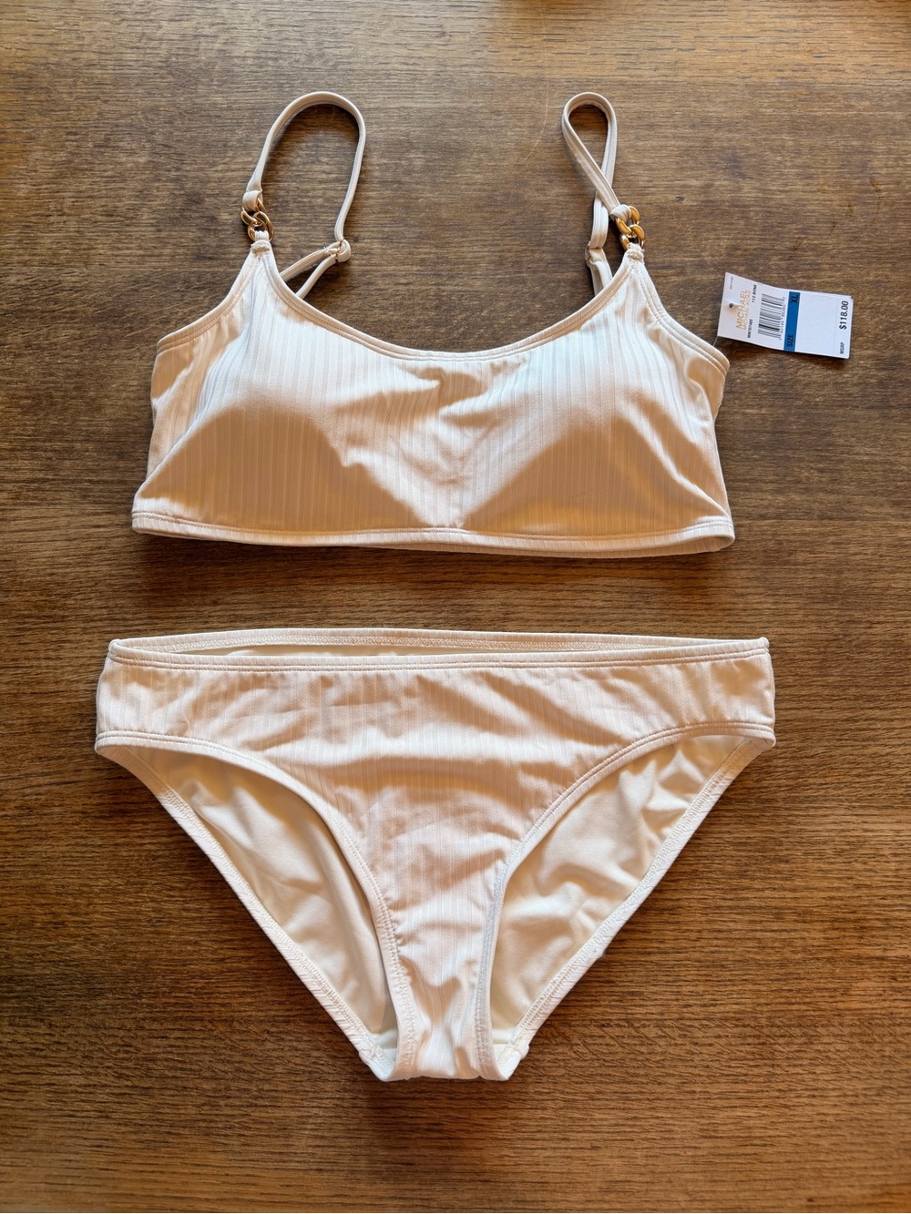 Michael Kors Bone Ribbed Bikini Top with Gold Accents